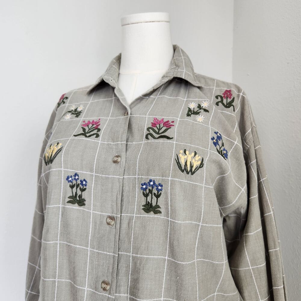 Vintage 90s Sage Green Plaid Floral Embroidered Button Up Shirt Willow Ridge L - Picture 3 of 7